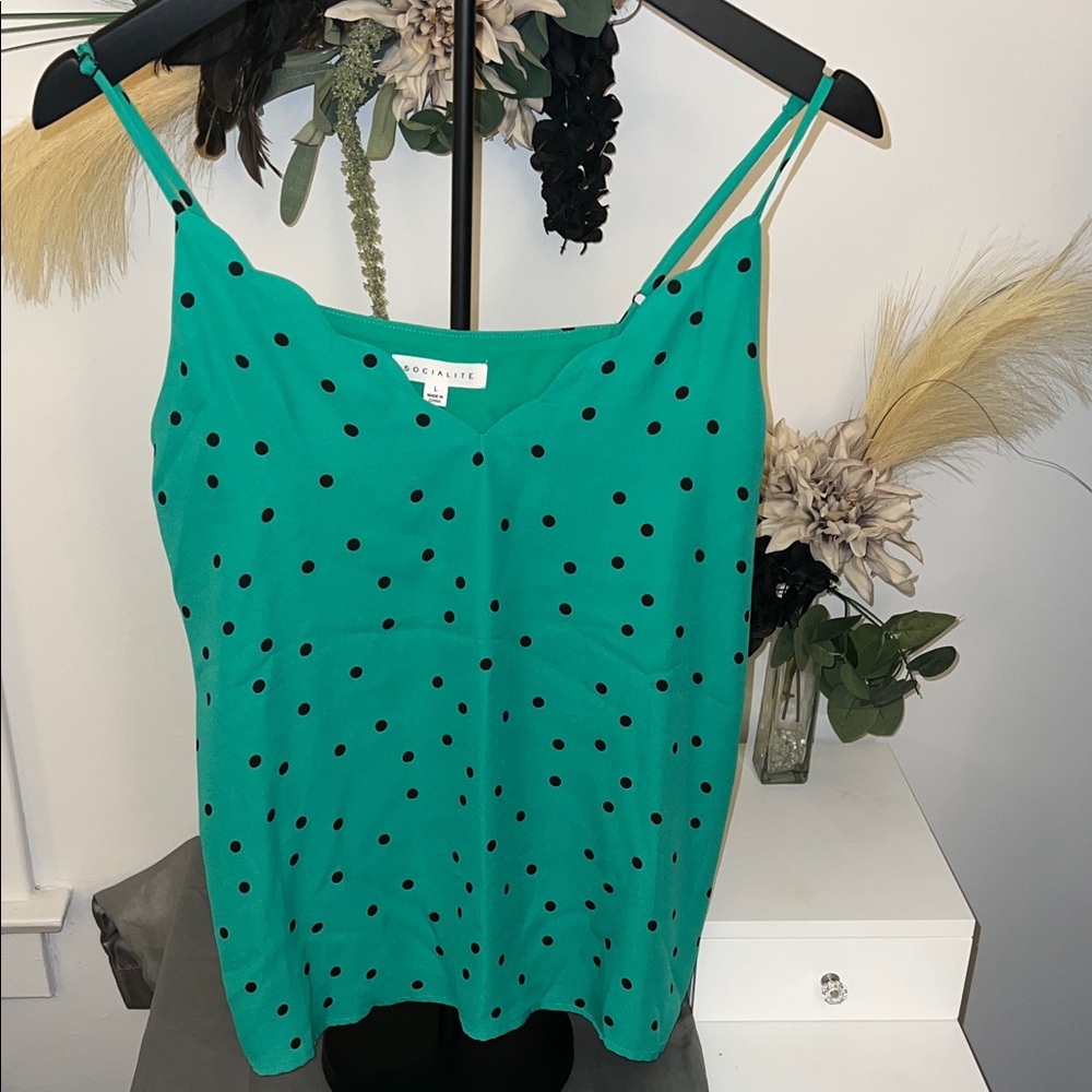 Socialite Teal Green Polka Dot Spaghetti Strap Cami